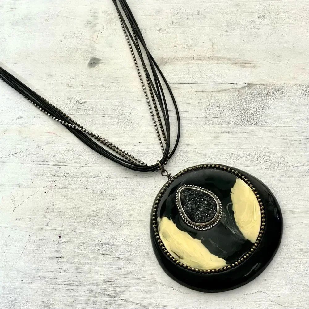 Chicos large black medallion necklace with druzy center
